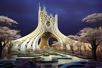 Geometric futuristic architecture leading to a temple establishing a sacred space to help meditation, AI Generated