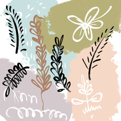 feather and leaves Minimalist abstract nature art shapes collection. Pastel color doodle bundle for fashion design, summer season or natural concept. Modern hand drawn plant leaf and floral shape