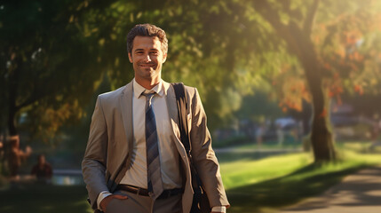 "Relaxed Evening Stroll": The office worker is taking a leisurely walk in the park