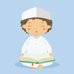 Muslim boy reading Quran character vector. cute Muslim boy in white clothes with eyes closed, holding Quran.