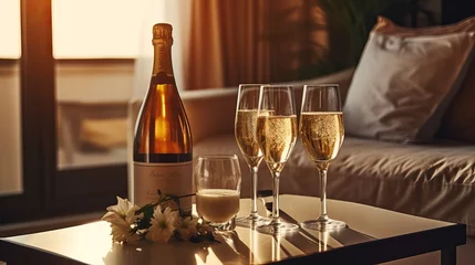 Rolgordijnen In a hotel room, a bottle of sparkling wine and two glasses are on the table. alcoholic drinks on a glass table in a five-star hotel. © Suleyman