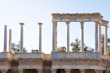 Columns in the Roman theater of Mérida (Spain). Roman remains in Augusta Emerita (Mérida).