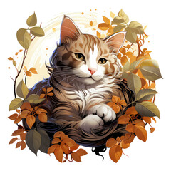 Fototapeta premium A serene coffee cat t-shirt design capturing a cat nestled in a coffee plant's embrace, surrounded by coffee blossoms and serene morning light, Generative Ai 