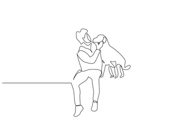 man dog playing spending time together lifestyle line art design