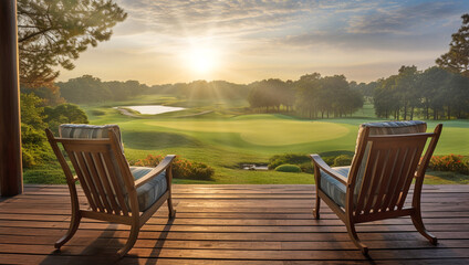 wooden veranda at a resort with two armchairs and tranquil sunrise view over the golf course - obrazy, fototapety, plakaty