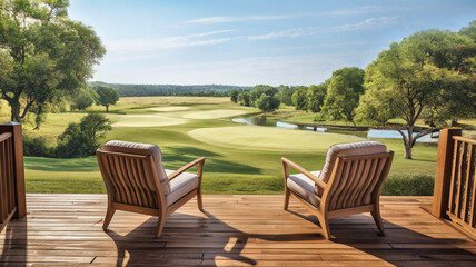 wooden veranda at a resort with two armchairs and tranquil sunrise view over the golf course
