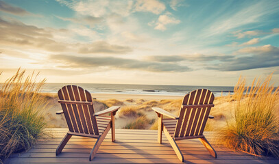 Fototapeta na wymiar wooden veranda with two armchairs and tranquil sunrise view over sand dunes and sea