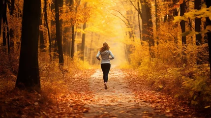 Fotobehang Forest run path in the autumn. An autumn trail runner woman is seen running against a background of lush foliage in the woods. Asian sportswoman exercising outdoors, happy. © Suleyman