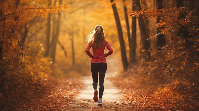 Forest run path in the autumn. An autumn trail runner woman is seen running against a background of lush foliage in the woods. Asian sportswoman exercising outdoors, happy.