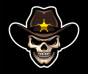 American sheriff logo. Skull in sheriff's hat and with a golden star. T shirt print.