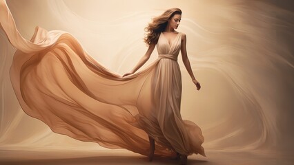 Fashion model wearing a lovely, high-end beige flowing chiffon dress, Beautiful fantasy model wearing an evening gown that flies long.