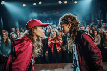 Breakdance battle with girls facing each other before a head to-head dance-off competition
