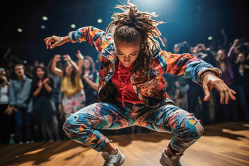 Female breakdancer captivates the audience with her dynamic routine at a competitive breakdancing...