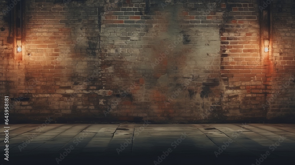 Wall mural industrial backdrop, empty grungy urban street, and brick wall of a warehouse