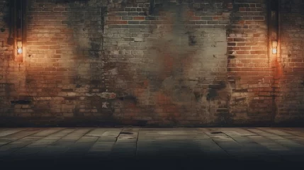 Foto op Plexiglas Industrial backdrop, empty grungy urban street, and brick wall of a warehouse © Suleyman
