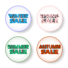 Set of blue green pink and orange labels, winter, summer, spring and autumn sale signs. Vector illustration