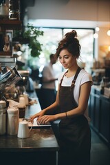 young woman barista standing behind the counter, preparing to serve coffee. generative AI