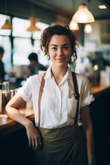 Fototapeta premium young woman barista standing behind the counter, preparing to serve coffee. generative AI