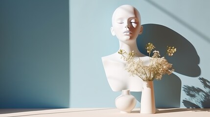 Modern interior still life in a minimalistic style with sunlight and shadows. On a background of light blue, there are geometric shapes, a plaster girl's face, and gypsophila flowers.