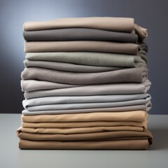 Pile of folded multicolored cotton t-shirts in a factory shop, different colors