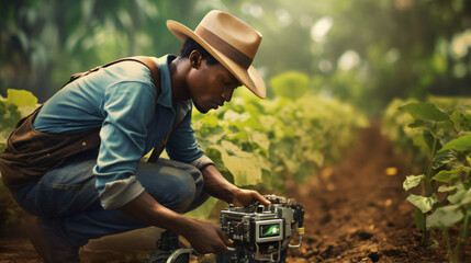 Precision Farming: A farmer using GPS-guided machinery to precisely plant and cultivate crops, showcasing the efficiency and precision of modern farming technology