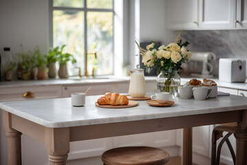 Beautiful marble kitchen countertop with fresh croissants, milk, and a cup of coffee and tea, sunny morning breakfast