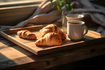 Beautiful modern kitchen countertop with fresh croissants, and a cup of coffee and tea, sunny morning breakfast