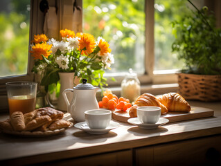 Beautiful modern kitchen countertop with fresh croissants, and a cup of coffee and tea, sunny morning breakfast - obrazy, fototapety, plakaty