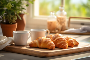 Beautiful modern kitchen countertop with fresh croissants, and a cup of coffee and tea, sunny morning breakfast