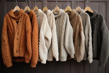 Row of different stylish fashion knitted jackets coat winter clothes