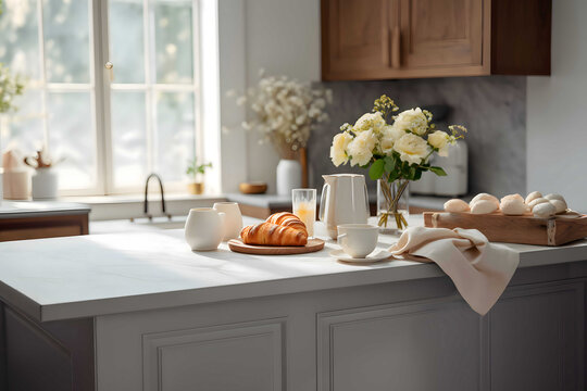 Beautiful modern kitchen countertop with fresh croissants, and a cup of coffee and tea, sunny morning breakfast, with white roses flowers behind