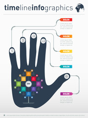 Business presentation concept with 8 options and icons. Infographic of technology or education process. Part of the report with human hand and icons set.