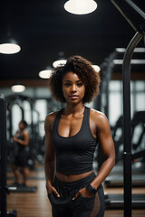 Fototapeta premium Wide shot of Attractive fit woman standing in fitness gym. Image created using artificial intelligence.