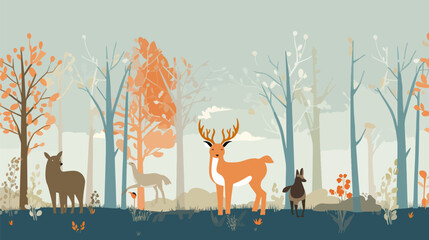 Group of forest animals in a forest, 2d flat vector illustration, cartoon. © ViktoGraphics