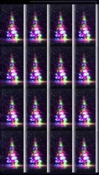 vertical phone format christmas video animation with glowing shiny christmas tree in black background. Grid with white vertical bars showing from under