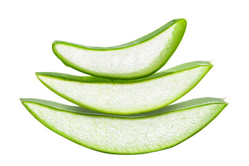 Slides, pieces of green fresh aloe vera. On a blank background. PNG