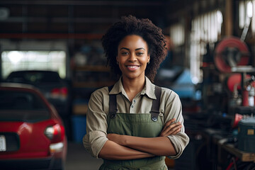Repairwoman a car in auto repair shop. Young African American woman in her workshop. Small business concept.