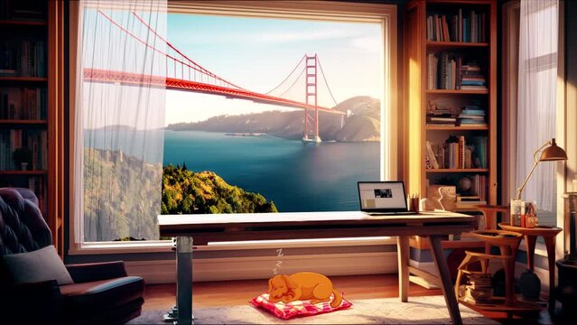 Cozy Home Office Sea and Bridge View, Streamer Background Asset