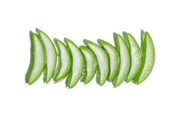Slides, pieces of green fresh aloe vera. On a blank background. PNG