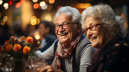 Portrait of a happy senior couple sitting at a table in a restaurant