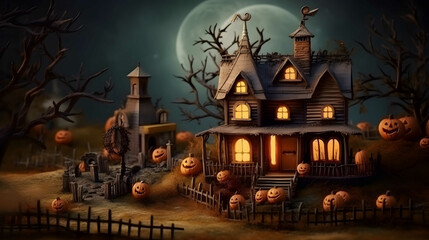 Fototapeta na wymiar Halloween background with haunted house and pumpkins. 3d render