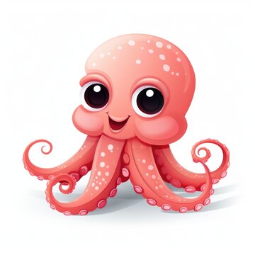 A cartoon octopus with big eyes sitting on a white surface. Fiction, made with AI.