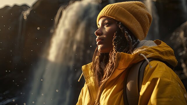 side view of a young woman in yellow winter clothes, contemplating a waterfall in the forest with copy space.