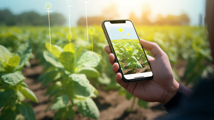AI-powered Pest Detection: An illustration of a farmer using a smartphone app with AI-powered image recognition to identify and manage crop pests and diseases - Powered by Adobe