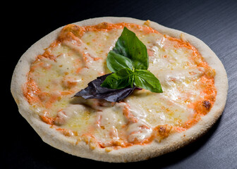 Pizza margarita with tomato sauce, tomatoes and cheese. View from above