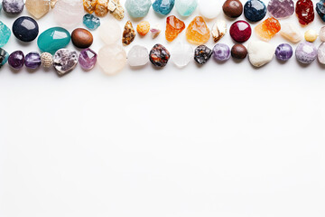 Different colourful crystals on white background 