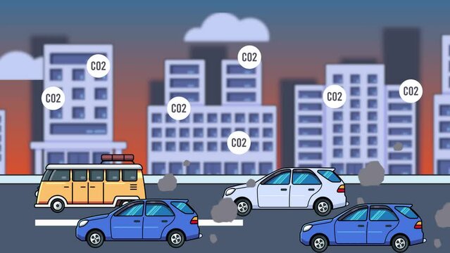4k video animation about vehicle pollution, air pollution, vehicle smoke, animation of vehicles emitting smoke in the city