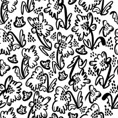 Trendy floral seamless pattern for fabric design. Flowers in Japanese style black and white texture. Summer vector illustration. Abstract grunge texture. Hand drawn brush pattern.