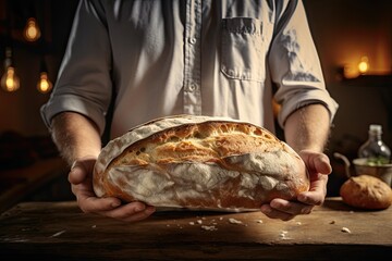 Unrecognizable Caucasian baker holding round bread in hands and next to board where lies long loaf over home bakery background.