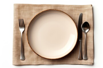 Table setting with empty plates, cutlery and linen textile isolated on white background